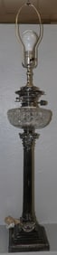 Antique Silverplated Corinthian Column & Cut Glass Banquet Lamp by Hinks Duplex