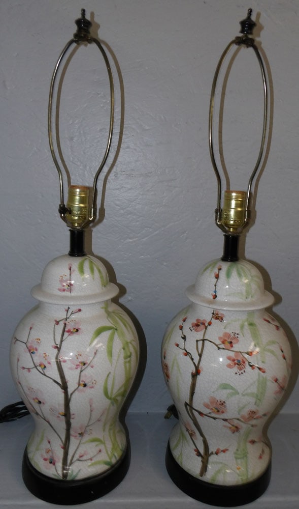 Pair of Painted Oriental Porcelain Urn Lamps  (1 of 3)