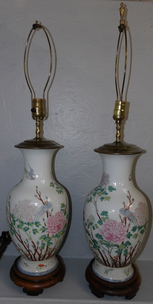 Pair of Painted Oriental Porcelain Vases Made Into Lamps with Pheasant Motif  (1 of 3)
