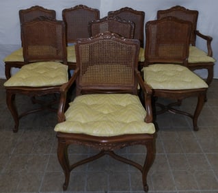 Set of Eight Walnut Cane Seat & Back French Provincial Dining Chairs