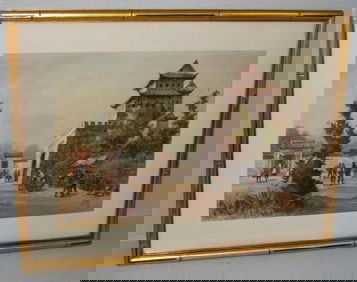Framed Chinese Watercolor Inside Gated Tower of a Town Signed by Kam Cheung Ling