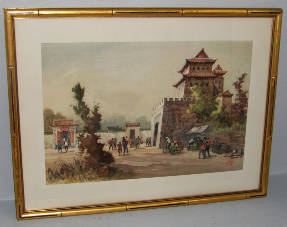 Framed Chinese Watercolor Inside Gated Tower of a Town Signed by Kam Cheung Ling: Framed Chinese Watercolor Inside Gated Tower of a Town Signed by Kam Cheung Ling. (Signed with Character Marks on Back) 19 1/4" x 25 1/4"
