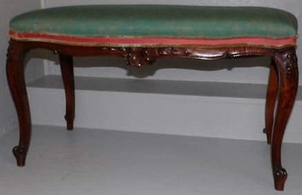 Carved Walnut & Upholstered Top Bench