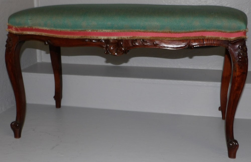 Carved Walnut & Upholstered Top Bench  (1 of 4)
