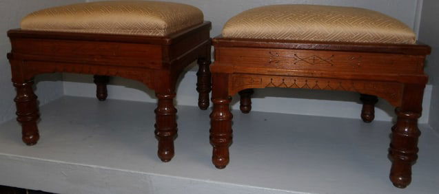Pair of Carved Walnut Victorian Ottomans