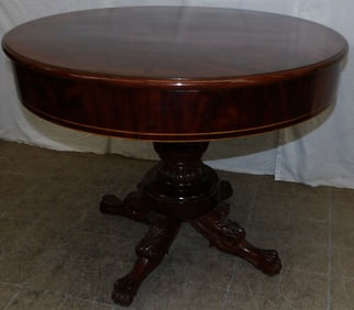 19th Century Crotch Mahogany Carved Pedestal Drum Table with Claw Feet
