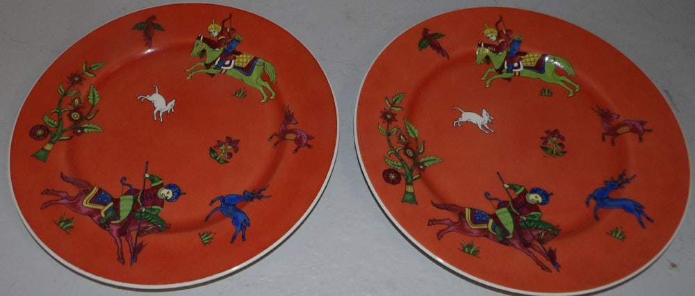 Pair of Oriental Porcelain Persian Hunter Plates: Pair of Oriental Porcelain Persian Hunter Plates. 10 1/4" Dia.