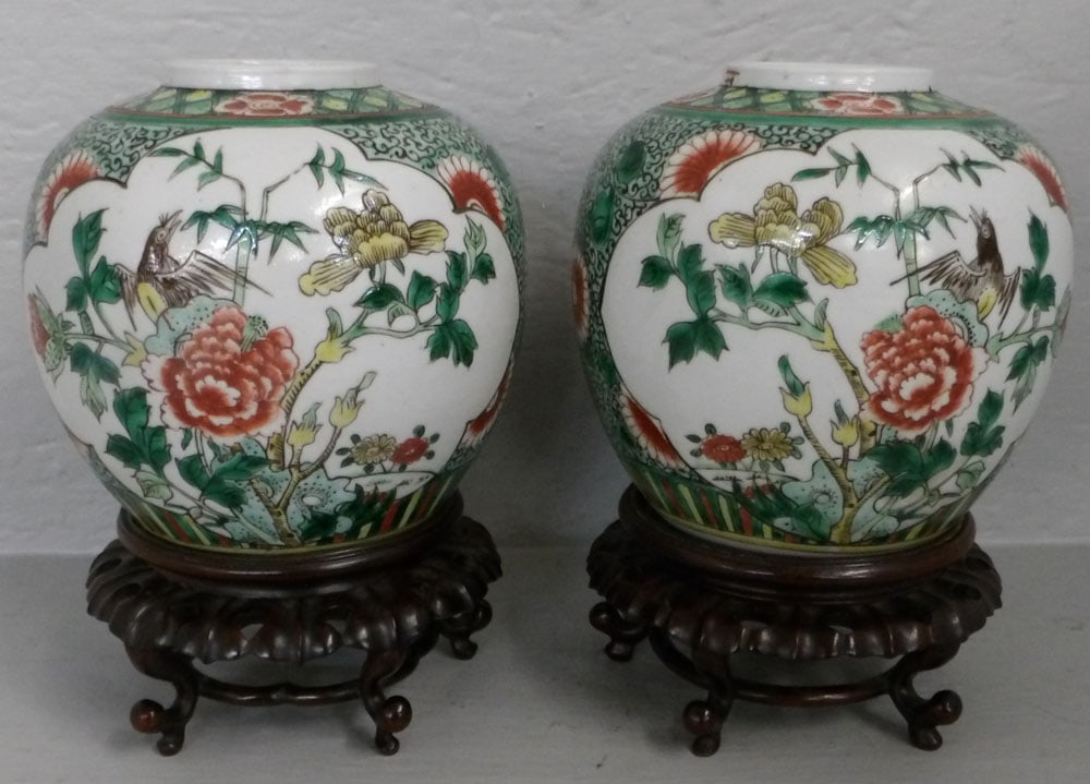 Pair of Oriental Porcelain Ginger Jars on Teak Wood Stands with Bird Motif  (1 of 4)