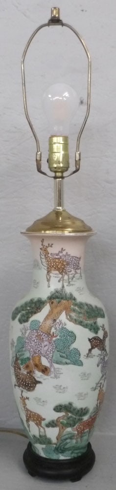Painted Oriental Porcelain Vase Made Into Lamp with Stag Motif  (1 of 4)
