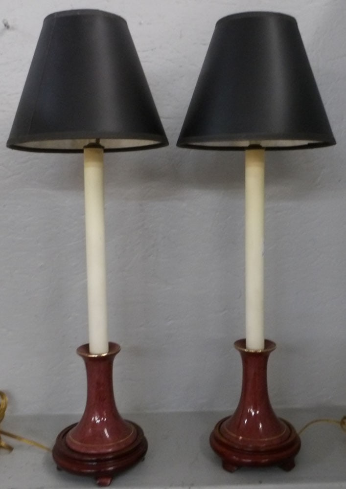Pair of Porcelain Candlestick Lamps on Teakwood Stands : Pair of Porcelain Candlestick Lamps on Teakwood Stands . 23" H 8" Dia.