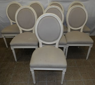 Set of Eight Painted Wood Louis XVI Style Dining Chairs, (One Chair Leg As Is)