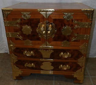 Oriental Burled Wood & Brass Bound Two Door Cabinet