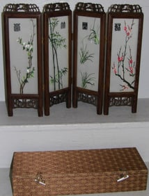 Miniature Oriental Four Panel Rosewood Screen with Silk Panels