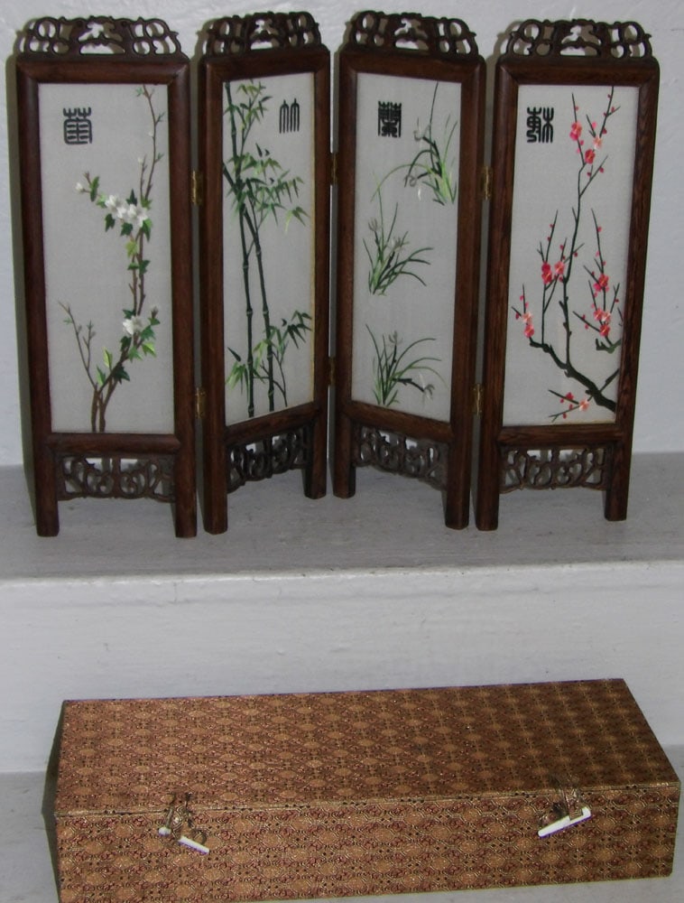 Miniature Oriental Four Panel Rosewood Screen with Silk Panels  (1 of 6)