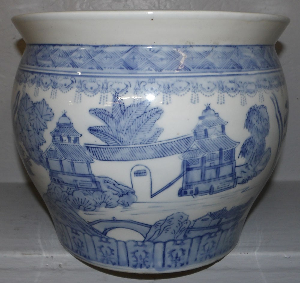 Oriental Blue & White Porcelain Jardiniere: Oriental Blue & White Porcelain Jardiniere. 9 3/4" H 11 3/4" Dia.