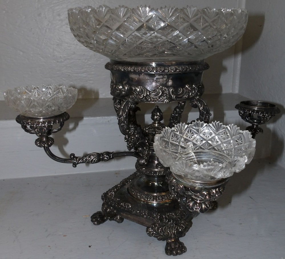 Silverplated & Cut Glass Bowl Four Arm Sheffield Epergne, (Missing One Bowl) (1 of 6)