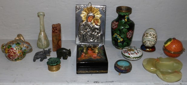 Lot of Oriental Carved Stone & Cloisonne Items, Russian Box, & Icon