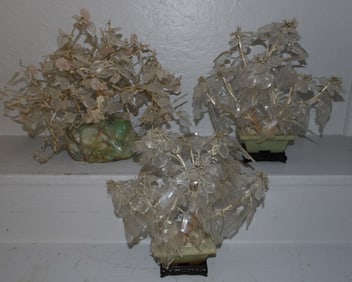 Three Oriental Jade Trees, (Two in Stone Pots, One in Quartz Rock)