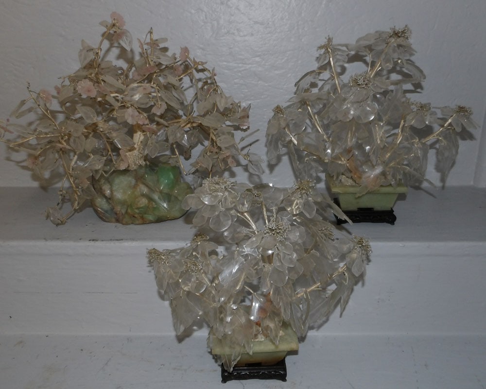 Three Oriental Jade Trees, (Two in Stone Pots, One in Quartz Rock) (1 of 4)
