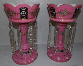 Pair of Enamel Glass Decorated Lusters
