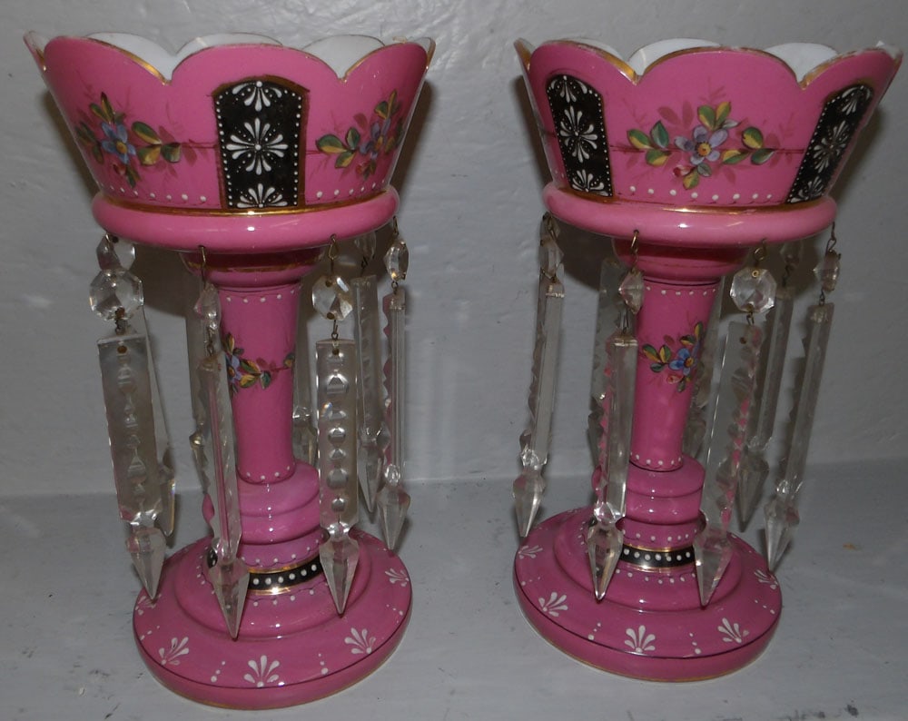 Pair of Enamel Glass Decorated Lusters  (1 of 3)