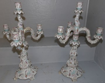 Pair of German Painted Porcelain Candelabras with Some Restoration