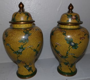 Pair of Cloisonne Covered Urns