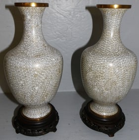 Pair of Cloisonne Vases on Teakwood Stands
