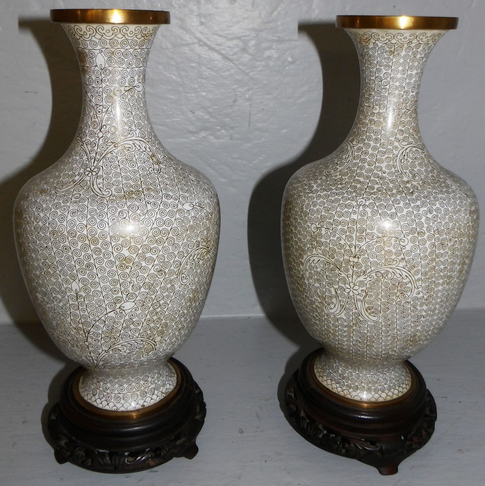 Pair of Cloisonne Vases on Teakwood Stands : Pair of Cloisonne Vases on Teakwood Stands . 10 1/2" H 4 1/4" Dia.