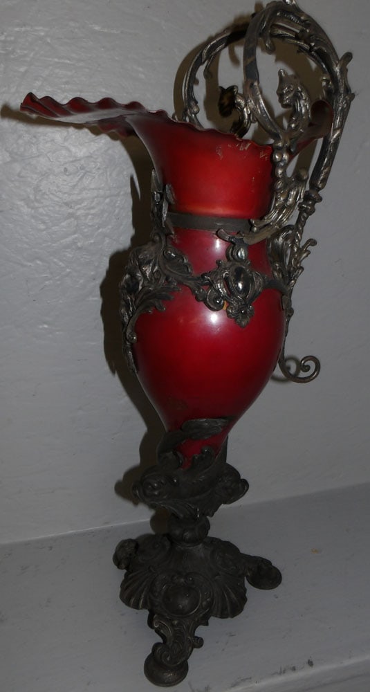 Silverplated & Painted Metal Ewer with Dolphins & Gargoyles : Silverplated & Painted Metal Ewer with Dolphins & Gargoyles . 19 1/2" H 9" Dia.