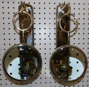 Pair of Polished Brass Candle Parabolic Sconces with Magnifying Glass Reflectors
