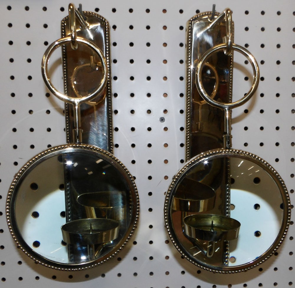 Pair of Polished Brass Candle Parabolic Sconces with Magnifying Glass Reflectors (1 of 2)