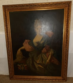 Large Antique Oil on Canvas Portrait of Victorian Lady with Dog, (Mary Josephine Drummond)