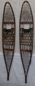 Pair of Antique Oak & Animal Skin Snowshoes