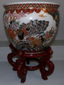 Painted Oriental Porcelain Jardiniere on Teakwood Stand