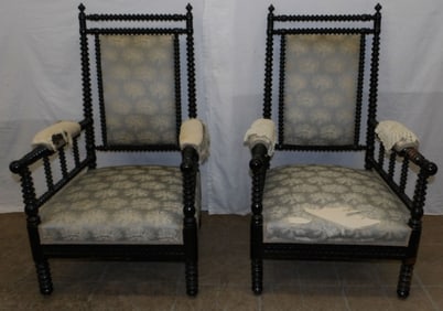 Pair of Black Lacquered & Upholstered Jenny Lind Arm Chairs