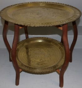 Oriental Brass & Teakwood Two Tier Stand
