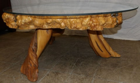 Glass Top Carved Root Base Table
