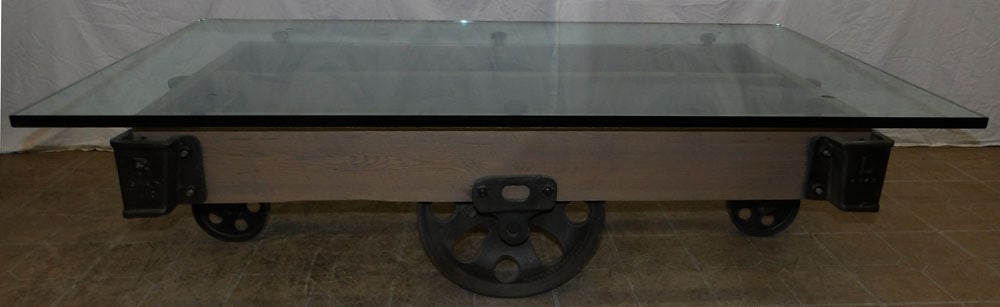 Oak & Mine Wagon Cart with Glass Top: Oak & Mine Wagon Cart with Glass Top. 16" H 58" W 32 1/4" D