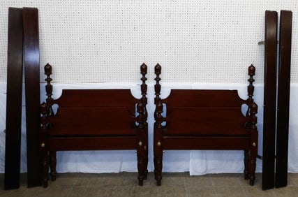 Pair of Mahogany Twin Beds with Acorn Finials, Bolts, & Rails