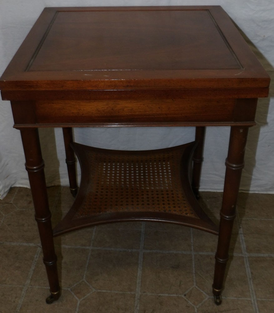 Walnut Faux Bamboo & Cane Fold Over Top Stand : Walnut Faux Bamboo & Cane Fold Over Top Stand . 25 1/2" H 19 1/4" Dia.