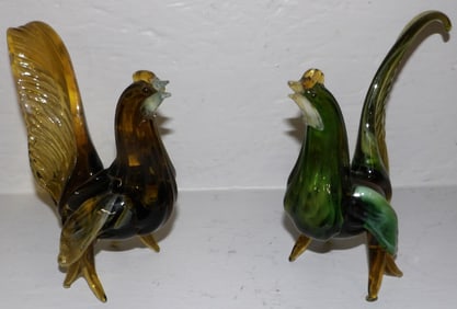 Two Art Glass Roosters