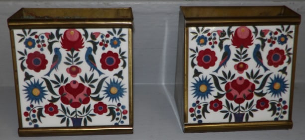 Two Painted Porcelain Tile & Brass Vases