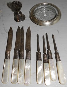 8 Sterling Collar Mother of Pearl Handle Knives, Sterling Peruvian Bell, and Sterling Rimmed Coaster