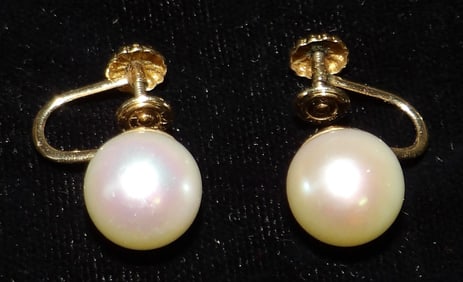 Pair of 14K Gold and Pearl Screw Back Earrings