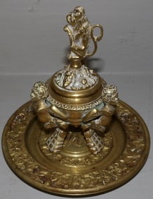 Ornate Italian Brass Covered Urn with Lion Finial & Heavy Ornate Cupid Embossed Tray