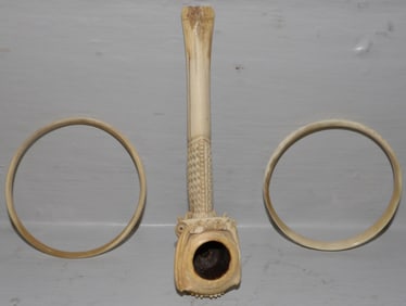 Carved Bone Pipe & Two Bracelets