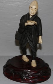 Bronze & Carved Bone Oriental Man on Teakwood Stand