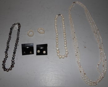 Three Pearl Necklaces, Two Pairs of Pearl Earrings, & Two Rings