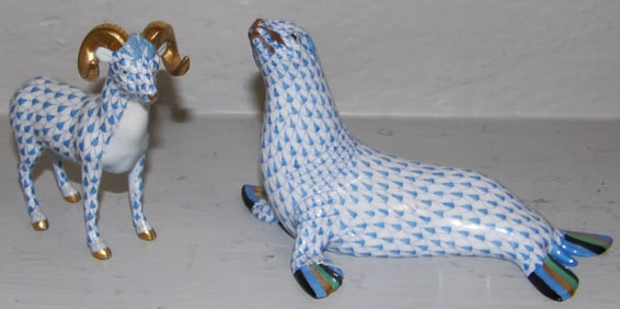 Two Herend Porcelain Figurines, (Sea Lion & Ram)